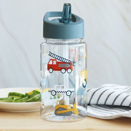 A Little Lovely Company Vehicles Kids Plastic Water Bottle With Straw Blue 450ml