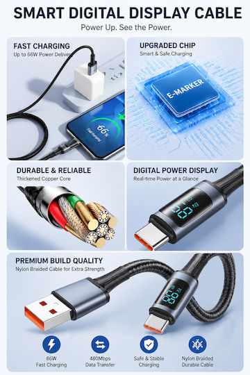 Geflochtenes LED Kabel USB Typ-C männlich - USB-A 66W Schwarzes 1,2m TG-UC66D-120-BK