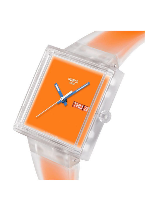 Swatch Thru Men's Battery Watch with Orange Rubber Strap