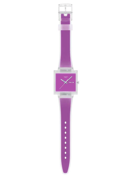 Swatch Damenuhr Batterie mit Lila Gummi Armband