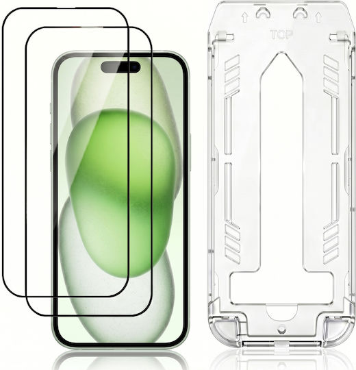 3mk Pack 2 Tempered Glass Iphone 16 Plus 15 Plus Applicator Frame Black Transparent