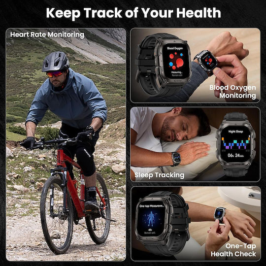 Kospet Tank M4 Stainless Steel 50mm Waterproof Smartwatch with Heart Rate Monitor (Black - M/L)