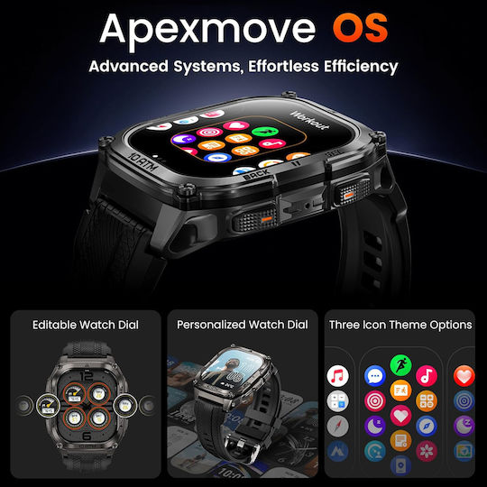 Kospet Tank M4 Stainless Steel 50mm Waterproof Smartwatch with Heart Rate Monitor (Black - M/L)