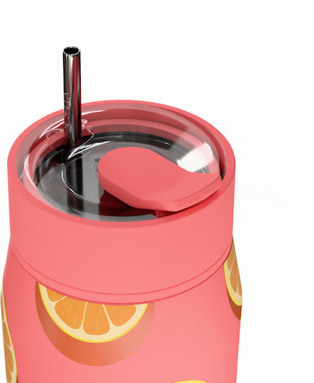 Estia Lens Save the Aegean Thermos Bottle Stainless Steel 360ml Orange Pop with Straw