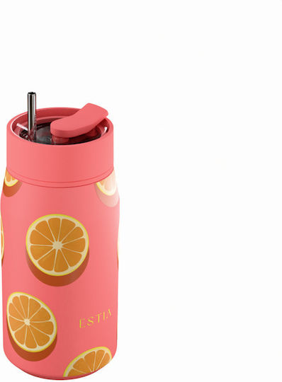 Estia Lens Save the Aegean Thermos Bottle Stainless Steel 360ml Orange Pop with Straw