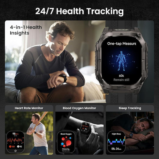 Kospet Tank M4C Stainless Steel 50mm Αδιάβροχο Smartwatch με Παλμογράφο (Μαύρο - M/L)