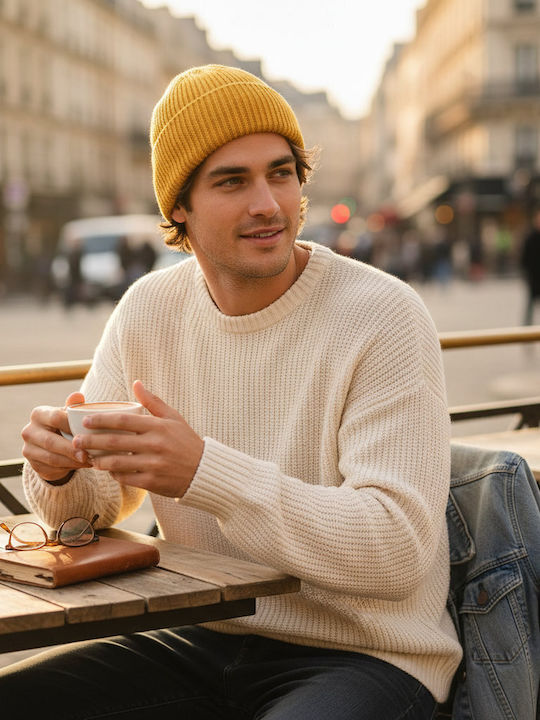 Unisex Beanie Wendbarer Rib Strickmütze in Gelber Farbe