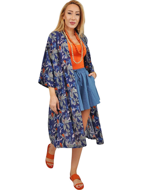 Kalimera Clothing Athens Дамско Кимоно За Плаж Синьо Флорално