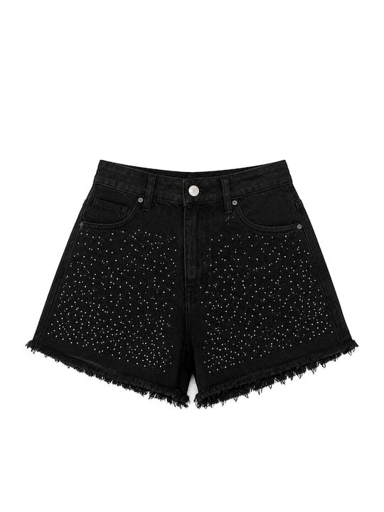Pantaloni scurți din denim cu talie înaltă pentru femei Black