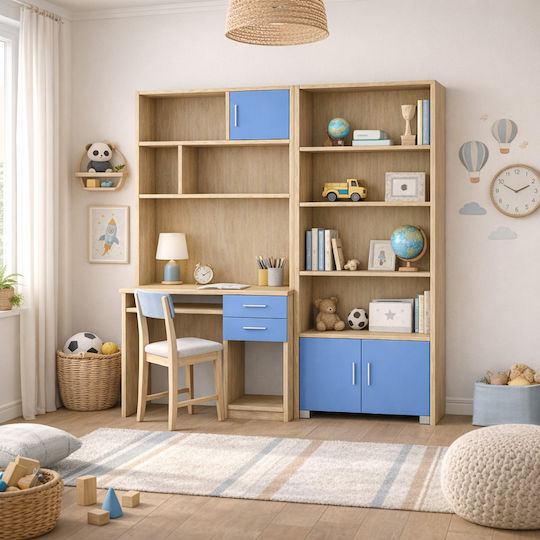 Birou Pentru Copii Cu Bibliotecă Din Melamină Albastru Deschis 100x55x180cm