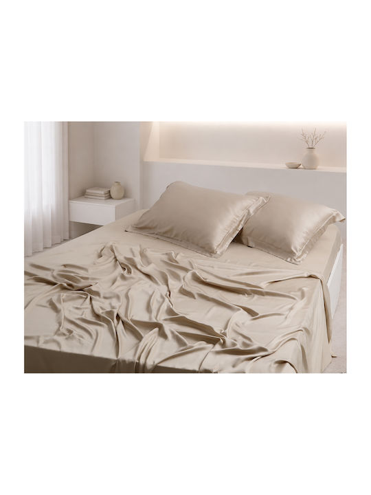Silk Fashion King Size Bed Sheets Set 270x290cm Beige 4 Pieces