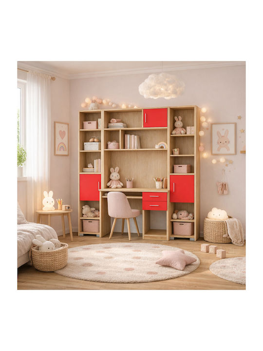 Birou pentru Copii cu Bibliotecă din Melamină Roșu 180x55x180cm