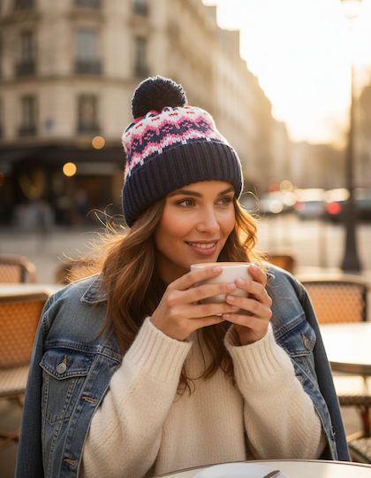 Pom Pom Beanie Unisex Fleece Σκούφος Πλεκτός σε Navy Μπλε χρώμα