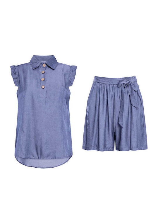 Celestino Set Women's Top Shorts Denim Look Dark Blue