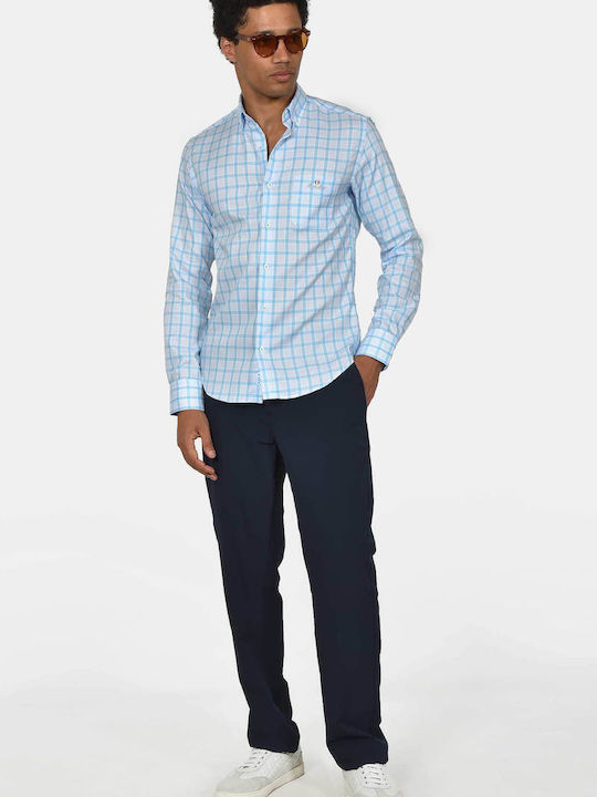 Long Sleeve Cotton Shirt in Regular Fit Checked Turquoise