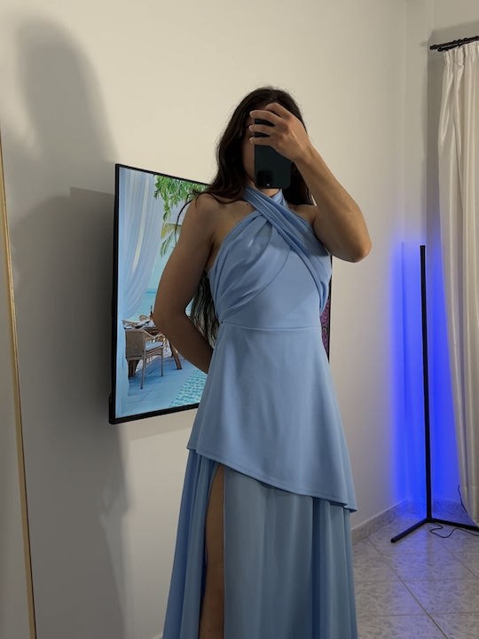 Καλοκαιρινό Maxi Φόρεμα για Γάμο / Βάπτιση Strapless με Τούλι Γαλάζιο