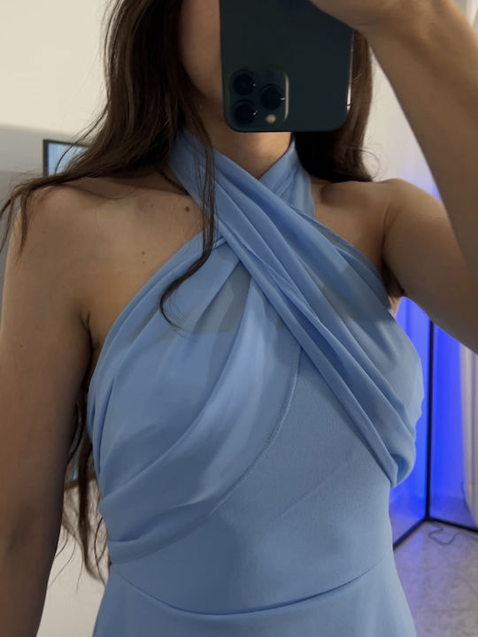 Καλοκαιρινό Maxi Φόρεμα για Γάμο / Βάπτιση Strapless με Τούλι Γαλάζιο