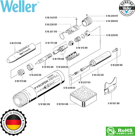 Weller Pyropen Junior Κολλητήρι Αερίου με Ρύθμιση Θερμοκρασίας με ακίδα κωνική 1mm, ακροφύσιο τύπου θερμού αέρα και προστατευτικό κάλυμμα
