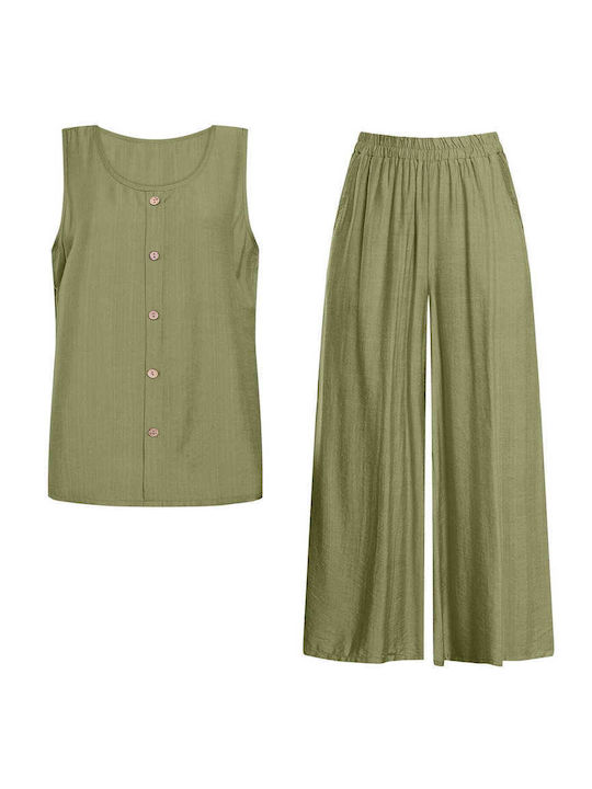 Celestino Set Women's Sleeveless Blouse Trousers Khaki