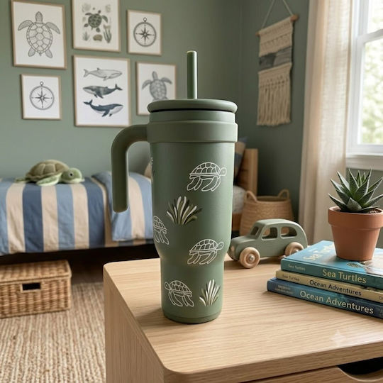abo In A Fast World Be A Turtle Kids Water Bottle Thermos Stainless Steel with Straw 1180ml