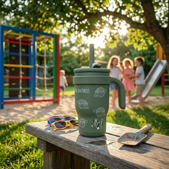 abo In A Fast World Be A Turtle Stainless Steel Kids Water Bottle Thermos with Straw Multicolour 350ml