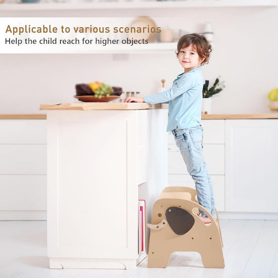 Turn de învățare Montessori din lemn pentru copii Scăunel de baie înalt cu 2 trepte antiderapant design elefant Bebelogic