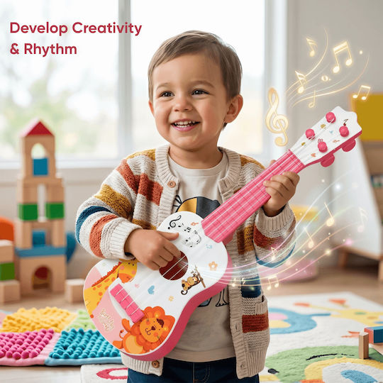 Chitară Jucărie Copii 3-8 Ani Mini Ukulele 4 Corzi Animale Cadou Băieți Fete Instrument Muzical Educațional 40 Cm Roz
