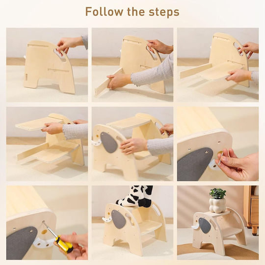 Turn de învățare Montessori din lemn pentru copii Scaun înalt de baie cu 2 trepte antiderapant design elefant BebeLogic