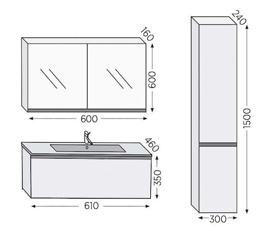Furnibath Πάγκος με Νιπτήρα & Καθρέπτη με Φως Μ61xΒ35xΥ46cm White