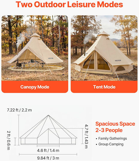 Vevor Oxford Bell Σκηνή Camping Teepee Αποθήκευσης Μπεζ 4 Εποχών για 3 Άτομα 300x300x220εκ.