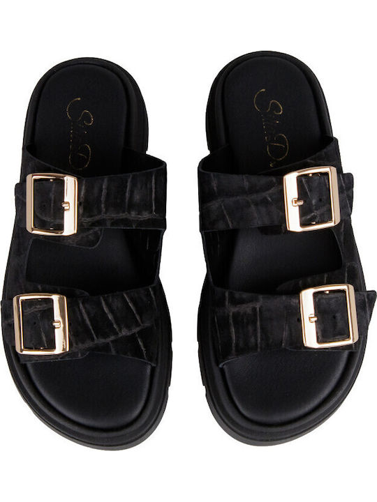 Δερμάτινα Γυναικεία Σανδάλια Flatforms Μαύρα
