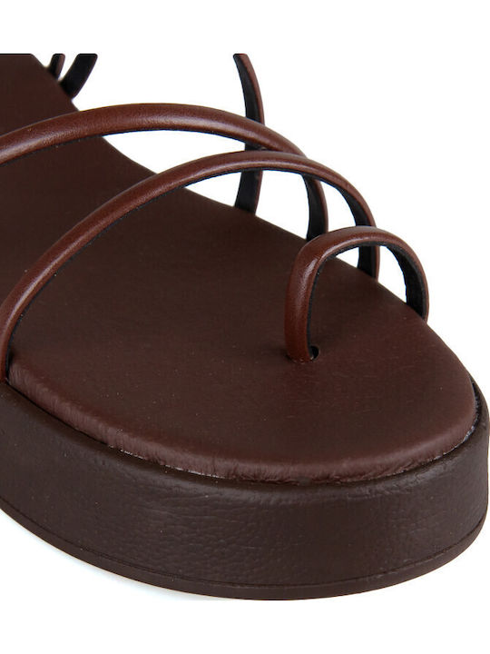 Δερμάτινα Γυναικεία Σανδάλια Flatforms Καφέ