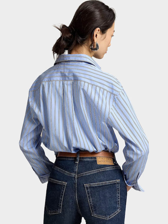 Damenhemden Langärmeliges Hellblau Gestreiftes Shirt