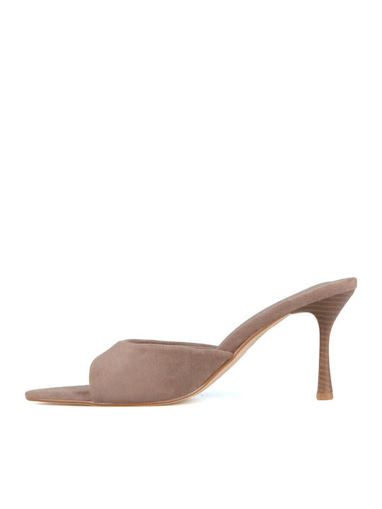 Suede Damen Pantoletten mit Hoch Absatz in Braune Farbe