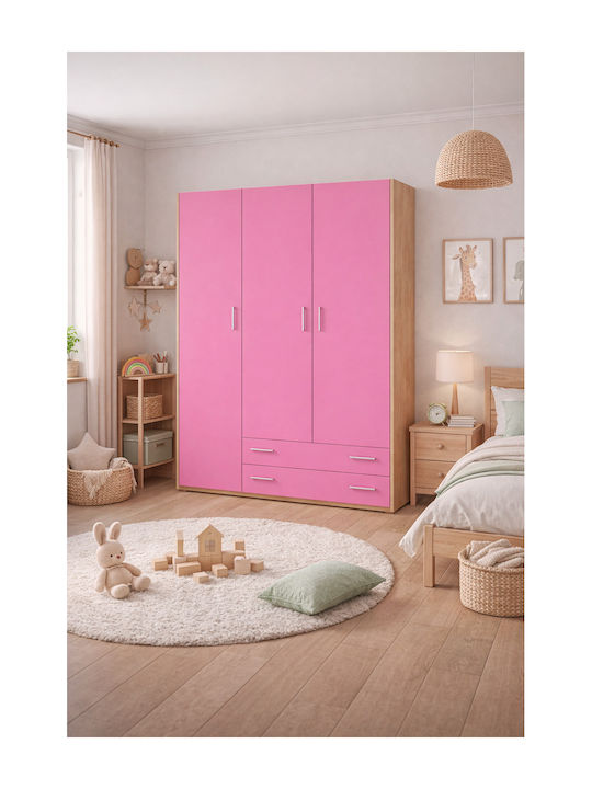 3 Dreitüriger Kinderkleiderschrank mit 2 Schubladen Eiche-Rosa 110x50x180cm
