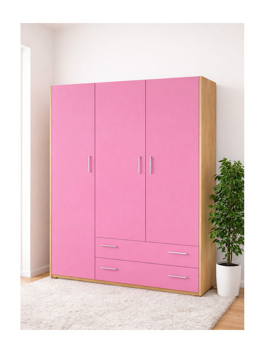 3 Dreitüriger Kinderkleiderschrank mit 2 Schubladen Eiche-Rosa 110x50x180cm