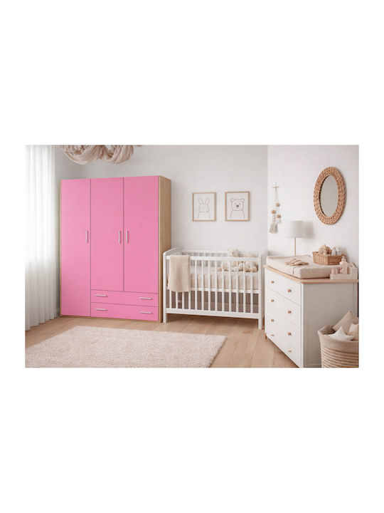 3 Dreitüriger Kinderkleiderschrank mit 2 Schubladen Eiche-Rosa 110x50x180cm