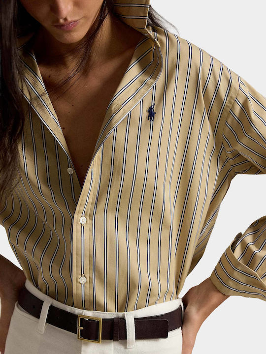 Long Sleeve Women's Shirt Tan Striped
