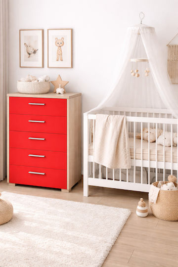 Kids Chest of Drawers No 5 Oak-Red with 5 Drawers 60x45x90cm