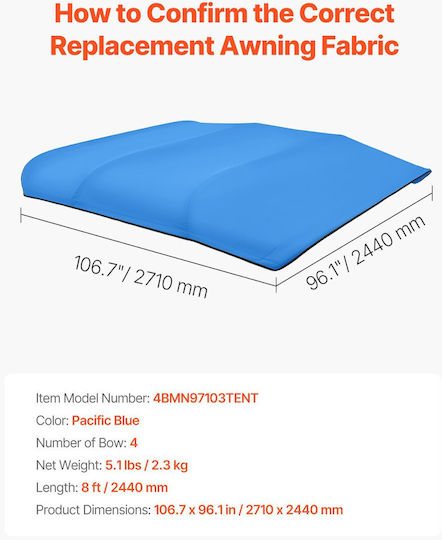 Replacement Top Cover Vevor 4 Bow Bimini Length 2440 Mm Durable 600d Marine Grade Waterproof Boat Shade Cover Storage Tent Sleeve Zipper Easy Installation 2464-2616 Mm W Blue Without Frame