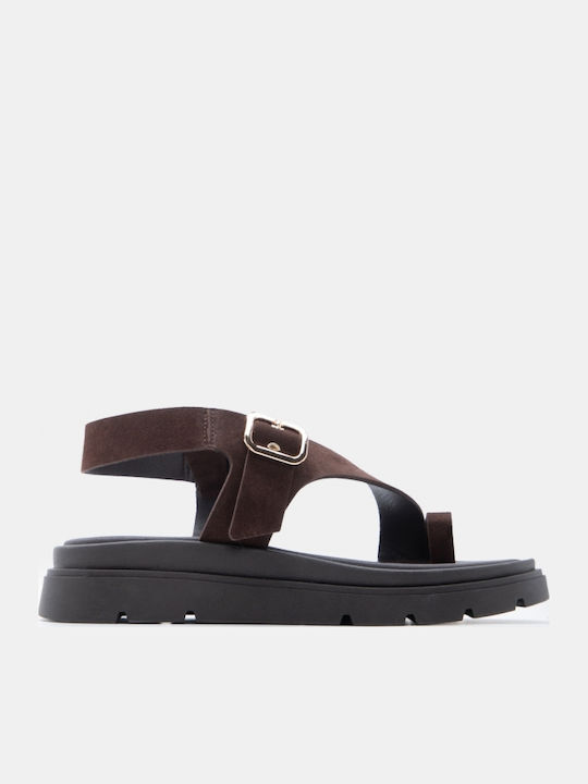 Δερμάτινα Γυναικεία Σανδάλια Flatforms Καφέ
