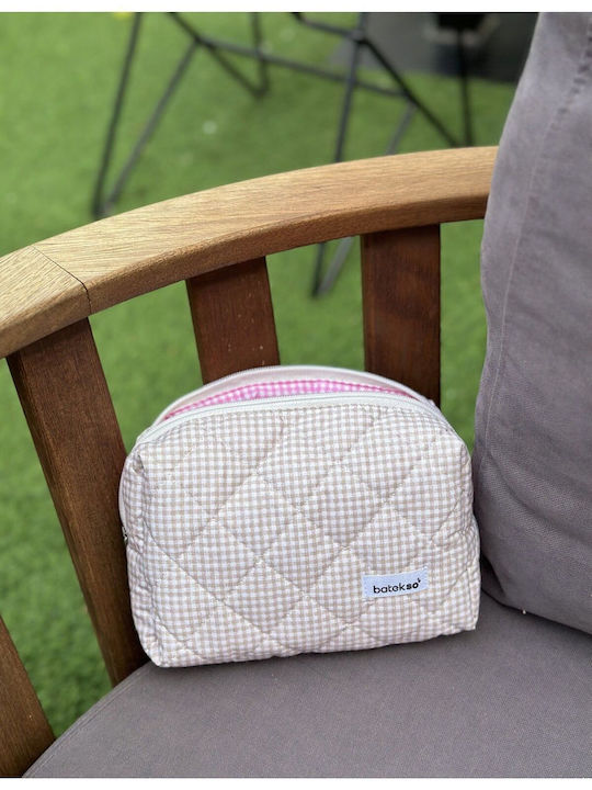 Enpapa Large Beige Makeup Bag With Checkered Pattern 19x18x7.5 Cm
