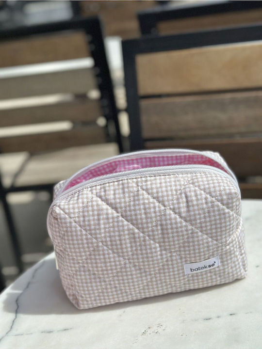 Enpapa Large Beige Makeup Bag With Checkered Pattern 19x18x7.5 Cm