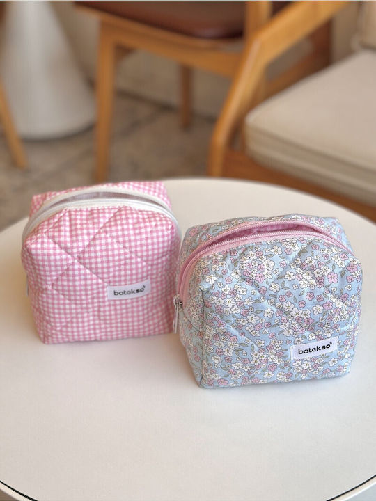 Enpapa Set of 2 Small Makeup Bags Blue Pink Flowers Pink Checkered Pattern Multicolored 13x13x9 Cm