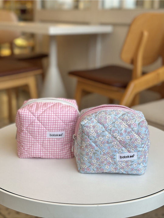 Enpapa Set of 2 Small Makeup Bags Blue Pink Flowers Pink Checkered Pattern Multicolored 13x13x9 Cm