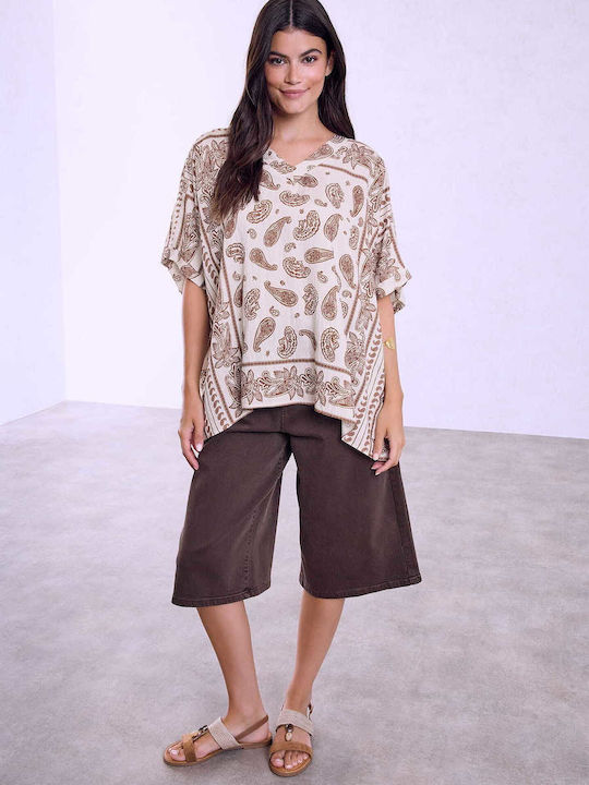 Celestino Women's Blouse Paisley Loose Fit Ecru
