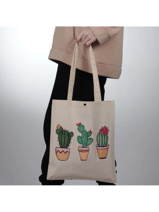 Enpapa Thick Fabric Shopping Bag Clip Closure Cactus Design Beige 35x40 Cm