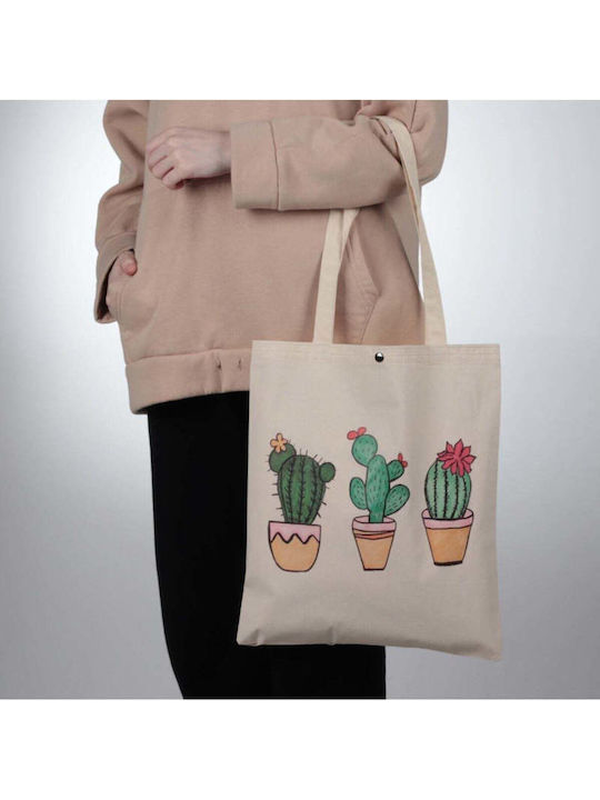 Enpapa Thick Fabric Shopping Bag Clip Closure Cactus Design Beige 35x40 Cm