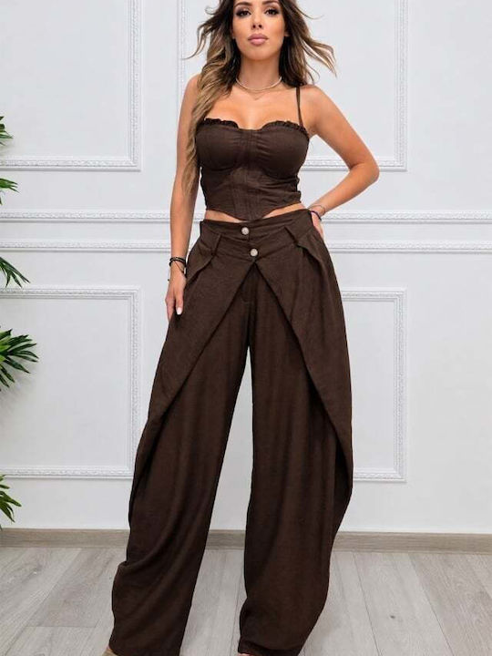 Pantaloni Dama Set Maro Ciocolatiu Cu Pantaloni În Fit Relaxed Cu Dungi