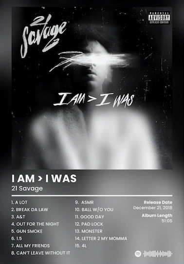 Music Poster 21 Savage I Am > I Was Ms109 40cm X 50cm Κορνίζα Φυσικό Ξύλου Μπεζ 62429pd156299f55316